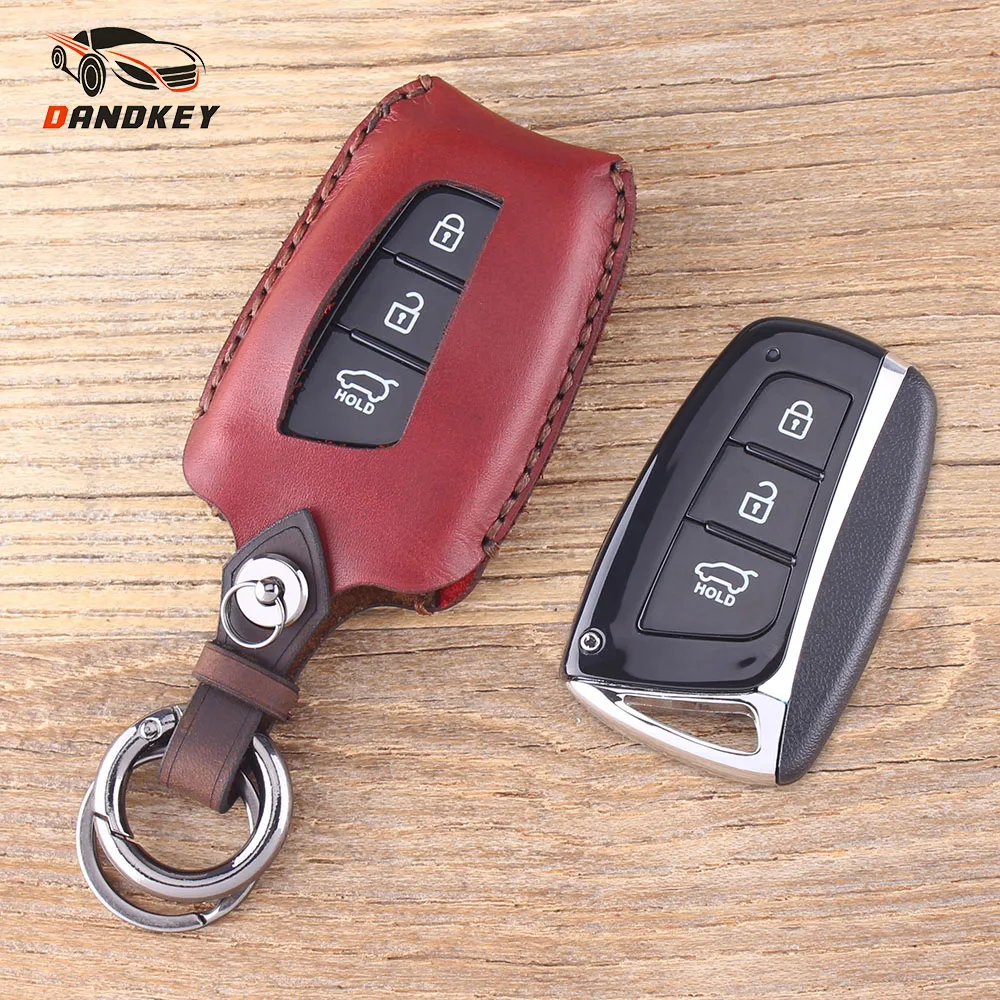 

DANDKEY Genuine Leather Protector Car Keychain Key Cover Case For Hyundai Santa Fe IX45 2013 2014 3 buttons