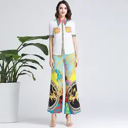 Модный женский комплект из двух предметов с принтом 2019 года, новый летний комплект для ногтей, рубашка с воротником + широкие брюки с