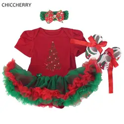 Красный Детские Рождественские костюмы деревьев короткий рукав для новорожденных для маленьких девочек Комбинезон платье кружевные