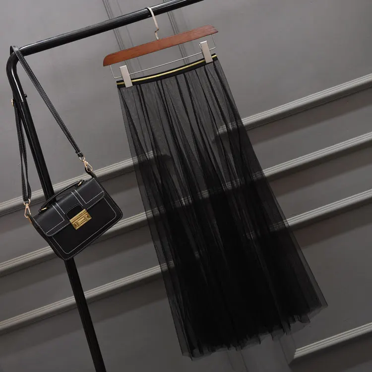 Женские тюлевые сетчатые прозрачные длинные юбки эластичные плиссированные юбки с высокой талией женские летние пикантные элегантные кружевные прозрачные юбки