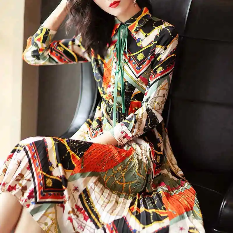 

Spring Runway Women Dress Luxury Vintage Retro Colorful Floral Dresses Elegant Bows Pleated OL Ladies Party Dresses NS626