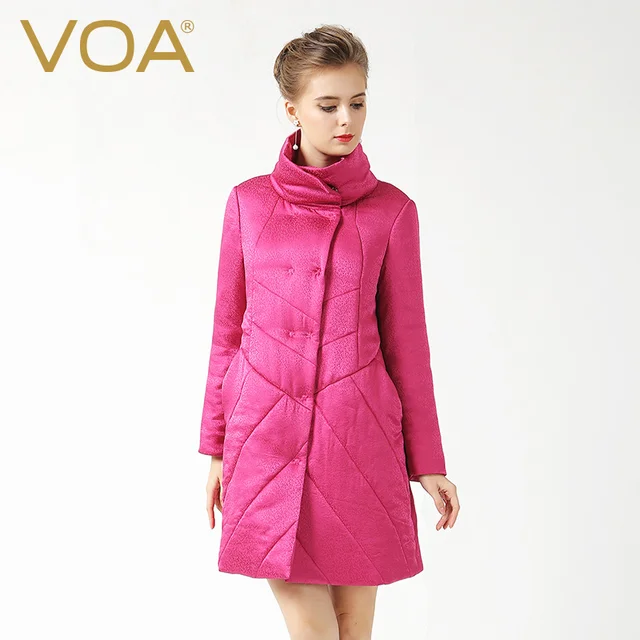 Best price at $283 Cheap VOA red silk jacquard double breasted parkas female straight high collar long sleeve long sections coat M6279