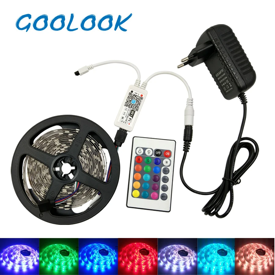 RGB LED Strip Light 5050 30Leds/m led Tape Waterproof Flexible diode rgb ribbon 24Key Wifi Remote Controller DC12V adapter set