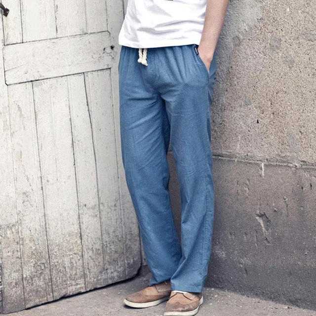 LLYGE Cotton Linen Mens Long Pants Plus Size 5XL Leisure Black Blue