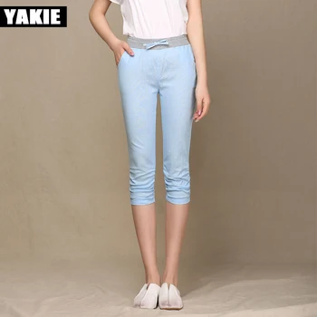 

Cotton linen harem pants women high waist elastic loose women pants capri drawstring pockets calf length female trousers 4XL