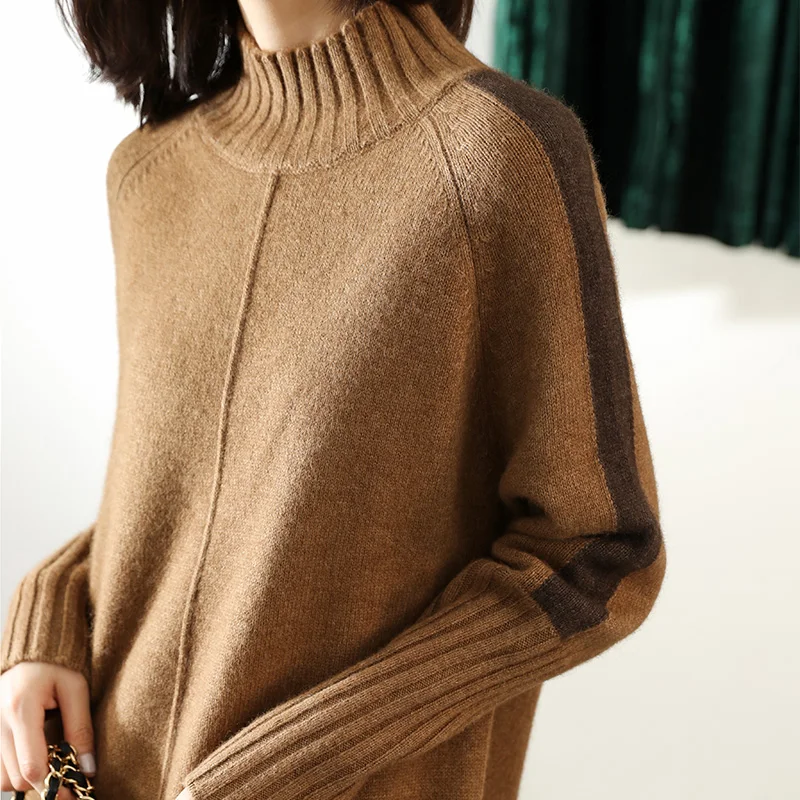 

New Autumn and Winter Cashmere Sweater Women High-Collar Thickened Pullover Loose Sweater Large Size Knitted Wool Shirt