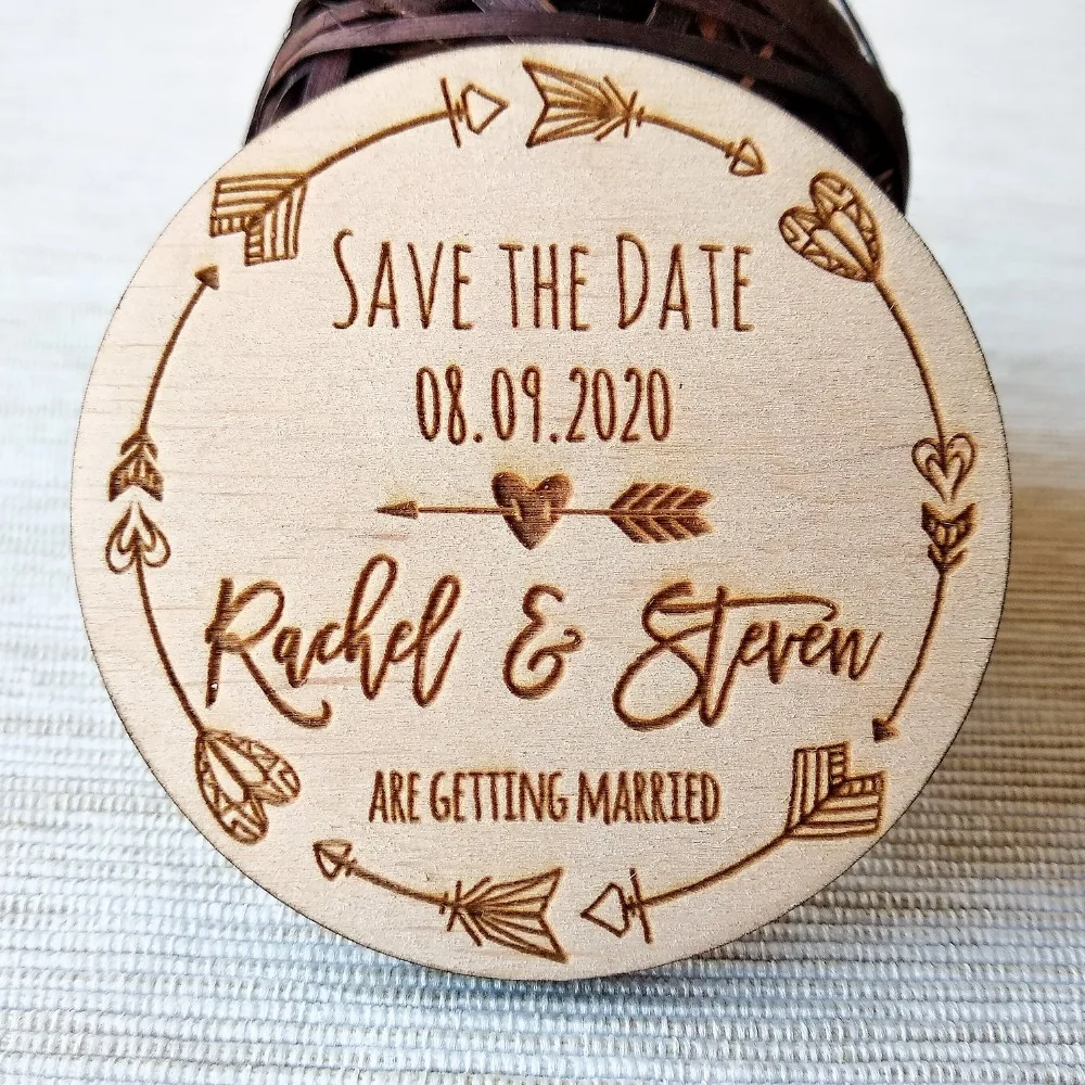 Деревянные Свадебные магниты в стиле бохо со стрелой, сохраняют дату, изготовленные на заказ из дерева в деревенском стиле, сохраняют магнит даты, свадебные сувениры