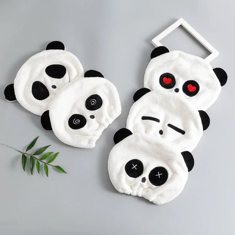 

Panda Shower Cap Cute Child Dry Hair Towel Drying Ultra-Soft Round Hair Dry Hat Coral fleeceTowels Patchwork Cartoon Towels