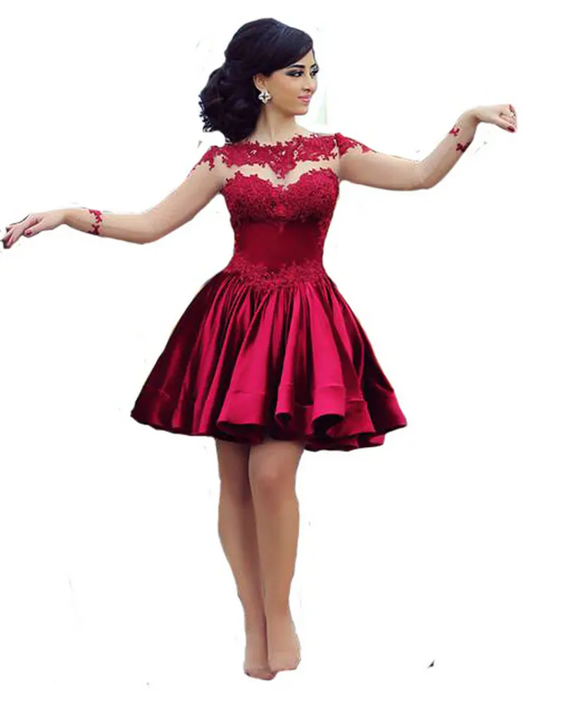 2017 Burgundy Satin Lace Cocktail Dresses Short Prom Dresses Long