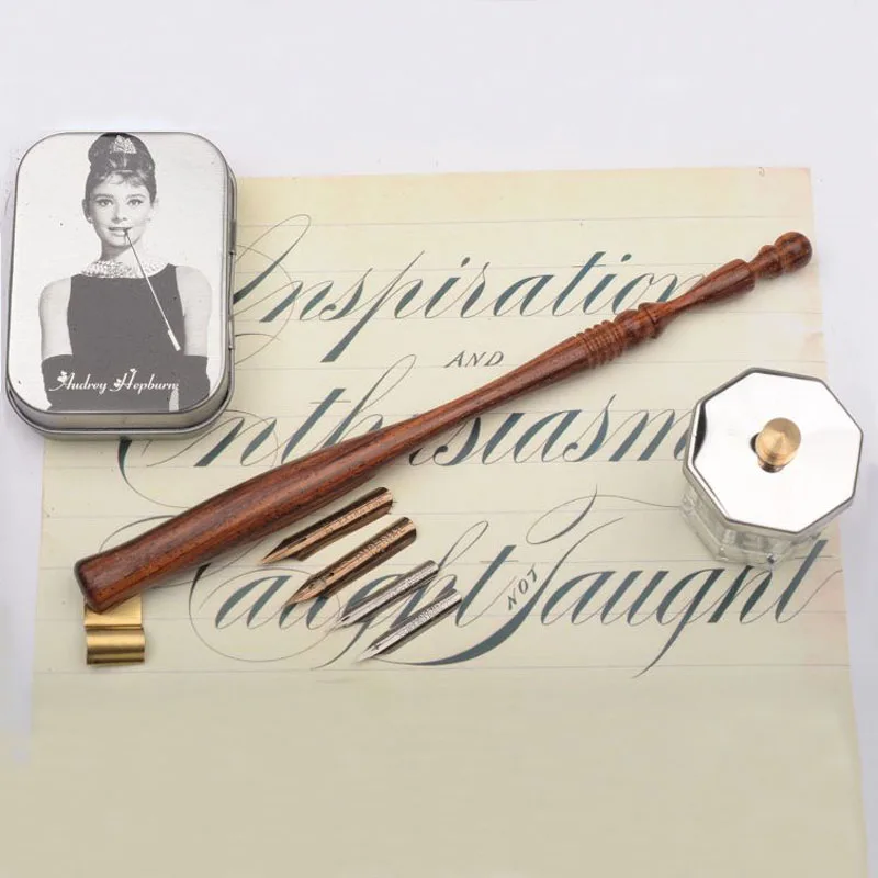 ФОТО New Handmade Rosewood Oblique Calligraphy Dip Pen Set with 4 Nibs 1 Fount Pen Holder  Nib Case Copperplate Script Dip Pen