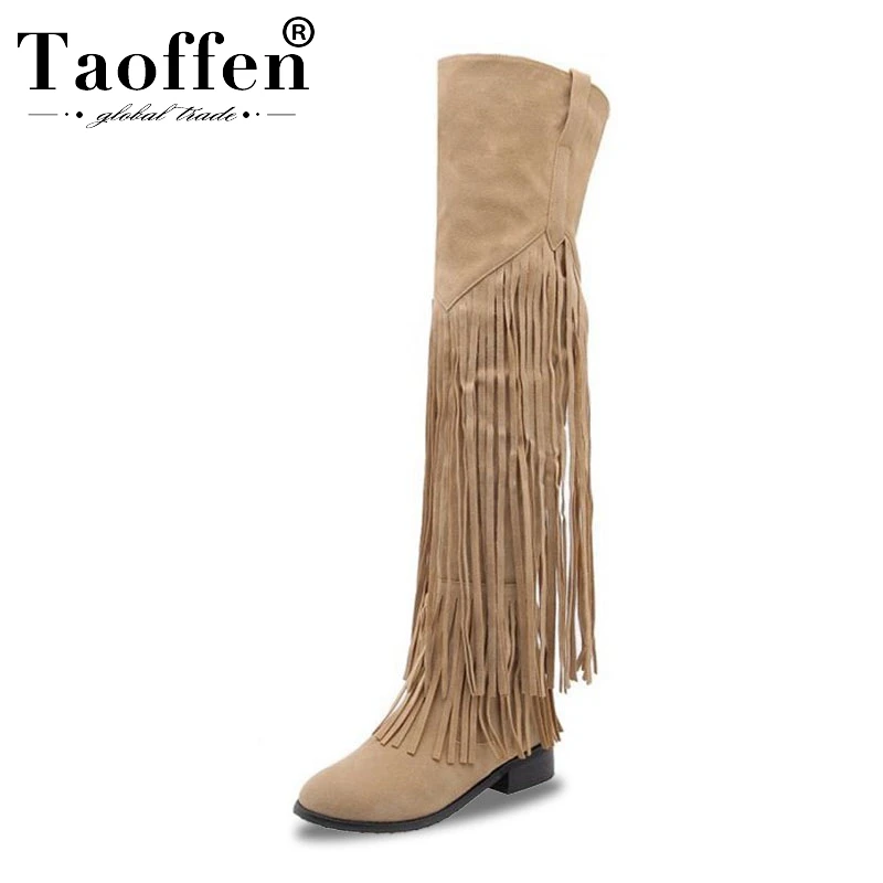 Taoffen Warm Thigh High Boots Big Size 32-46 Fashion Tassel Winter
Flats Botas Female Casual Add Fur Over Knee Woman'S Shoes