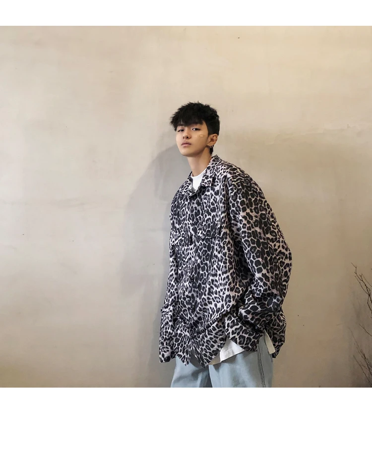 Весенняя Новая модная леопардовая рубашка мужская Повседневная Свободная рубашка с длинными рукавами Мужская Уличная трендовая дикая