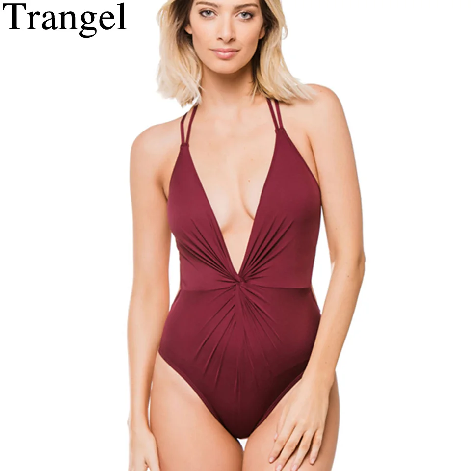 

Trangel sexy deep V swimwear women swimsuit backless bathing suit halter top bodysuit red solid one piece swimsuit for women