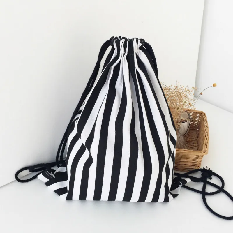 

Drawstring Backpack Canvas Black White Stripe Pattern Large Storage Bag Travel Casual Teenagers Backpacks