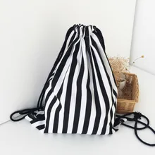 Drawstring Backpack Canvas Black White Stripe Pattern Large Storage Bag Travel Casual Teenagers Backpacks
