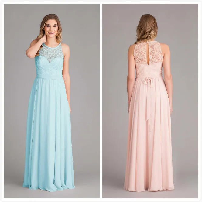 Stunning Chiffon Bridesmaid Dresses 2017 Lace Bodice Overlay High Illusion Neckline Long Wedding Party Gowns Prom Dress | Свадьбы и
