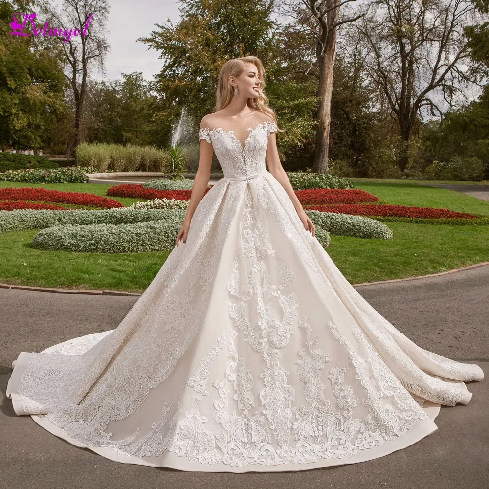 

Detmgel Gorgeous Chapel Train Appliques A-Line Wedding Dresses 2020 Scoop Neck Cap Sleeve Princess Bride Gown Vestido de Noiva