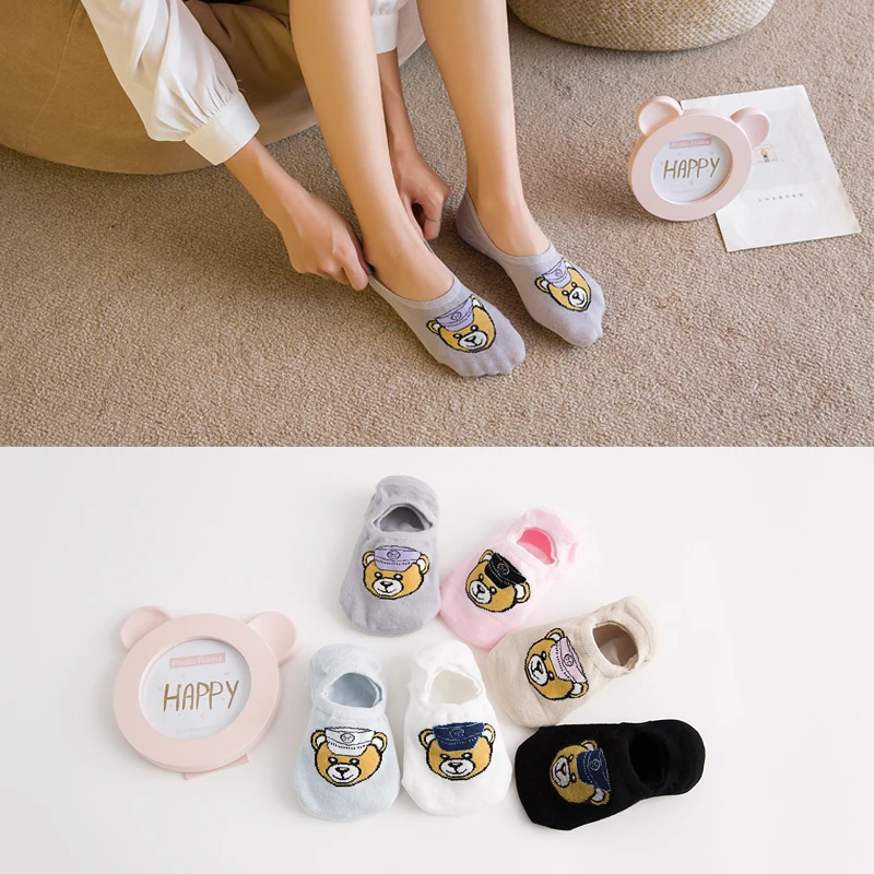 

[La MaxPa]Women Lovely Cartoon Bear Sock Slippers Hidden Flat Boat Line Cotton Female Sock Non-slip Students Socks