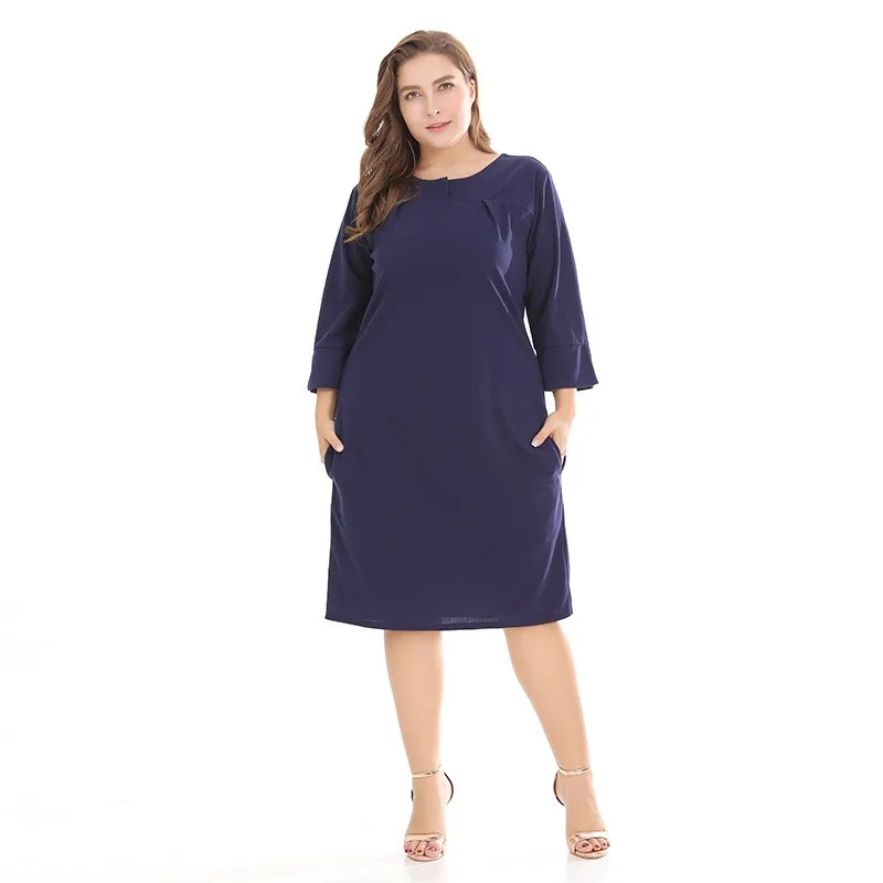 Brand Plus Size Women Clothing Casual Solid Mid Calf Dress O Neck