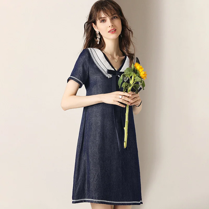 

Bow Denim Dress Women Printed High Waist Design V Neck Short Sleeve Solid Colors Casual Dress Summer New Fashion 2019
