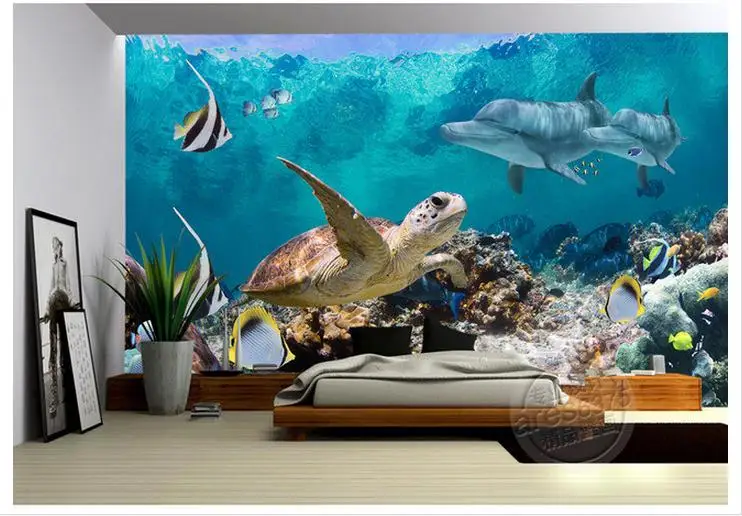 3d обои на заказ фотообои нетканые комнатные подводный мир черепаха Акула фон для