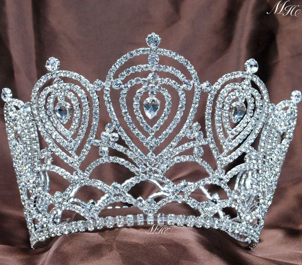 Heart Large Crown Austrian Rhinestone Tiara Handmade Clear Crystal