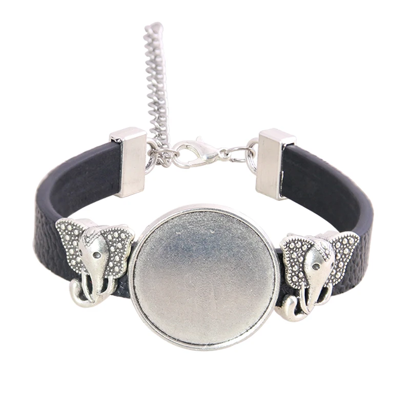 

1pcs 6 Color PU Bracelet Silver Elephant Base Setting Cuff Blank Trays Brazel Fit 25mm Glass Cameo Dome Cabochon DIY Jewelry