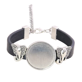 

1pcs 6 Color PU Bracelet Silver Elephant Base Setting Cuff Blank Trays Brazel Fit 25mm Glass Cameo Dome Cabochon DIY Jewelry