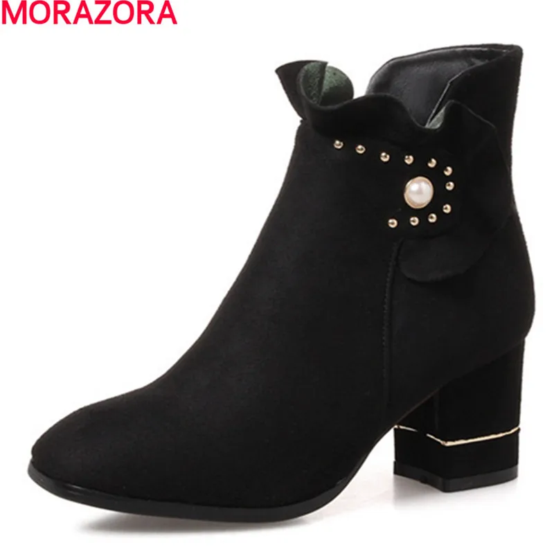 

MORAZORA new arrival spring autumn boots rhinestone high heels shoes fashion ankle boots flock solid pointed toe boots female