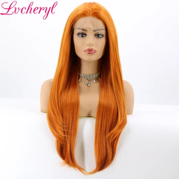 

Lvcheryl Orange Natural Wavy Full Density Hand Tied Layered Heat Resistant Hair Glueless Synthetic Front Lace Wigs Party Wear
