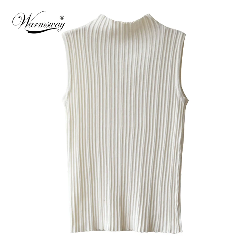 High Quality Summer Women Mock Neck Top Turtleneck Sleeveless T-shirt Slim Knitted Vest Elegant Female Tee Knitwear  TS-093