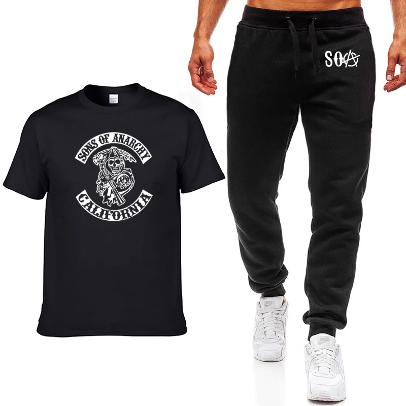 

Hot TV SOA Sons of Anarchy Cosplay Costume Mens T-shirt SAMCRO Skull Print high quality Cotton Short sleeve T Shirts+pants suit