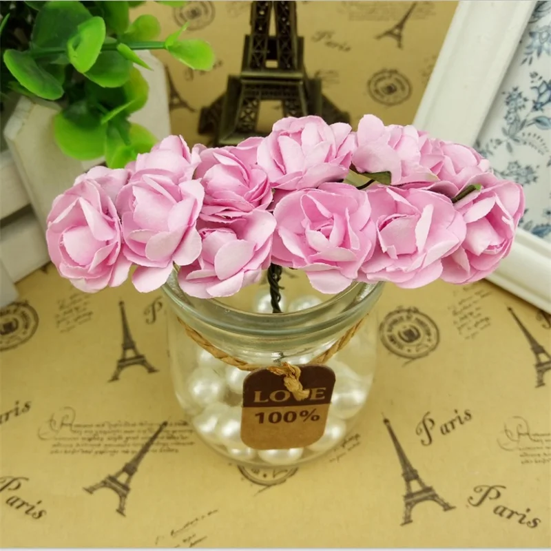 12 шт./лот, 1,5 см, Мини бумажные розы, искусственные цветы, руки для свадебного украшения, скрапбукинг, маленький искусственный букет цветов - Цвет: pink