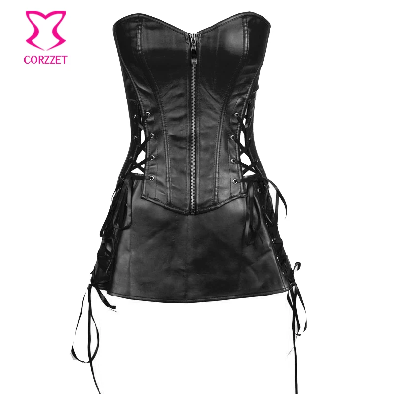 Red-Faux-Leather-Corset-Dress-Punk-Rock-Overbust-Corsets-and-Bustiers-Skirt-Set-Clubdress-Korsett-For