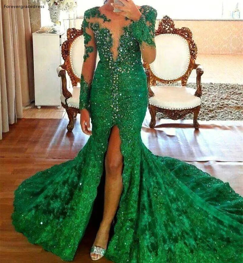 Sexy Emerald Sheer Neck Mermaid Evening Dresses High Split Long Sleeves Beading Evening Gowns Custom Made Plus Size Vestidos De Festa BC1477  177