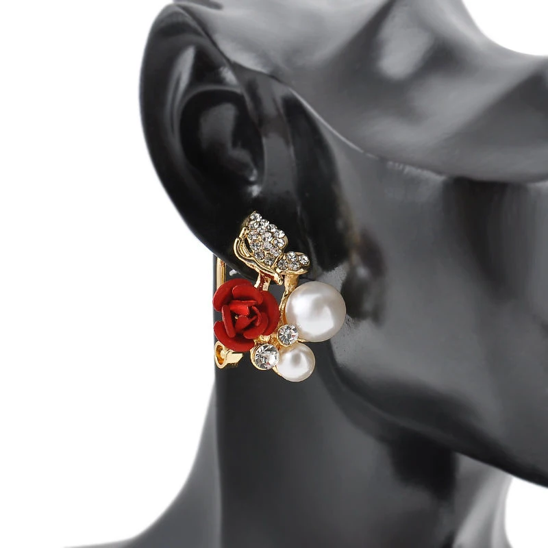 2pcs Vintage Red Rose Butterfly Earring Shellahrd Rhinestone Crystal Bead Brincos Stud Earrings Fashion Wedding Jewelry Gift