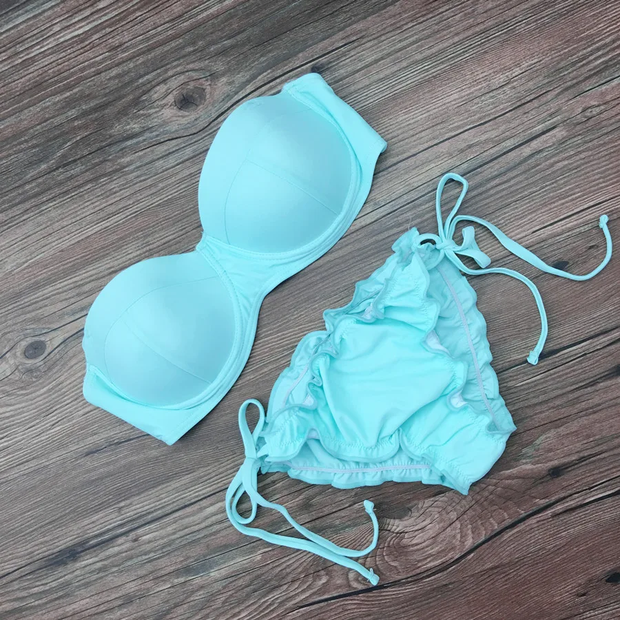 2017 Sexy Ruffled Нижняя Бикини Твердые Симпатичные Бандо Установить Бретелек Push Up