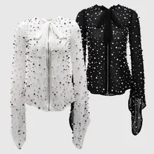 

Fashion Design Top Brand Full Pearl Beading Women Blouses Flare Sleeve Sexy Summer Women Beach Blouses Perspective Boho Shirts