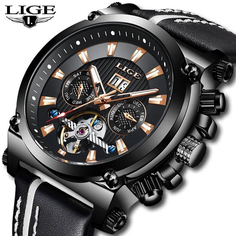 

LIGE Mens Watches Tourbillon Waterproof Automatic Watch Week Month Mens Top Brand Deluxe Auto Calendar Wristwatch Reloj Hombre
