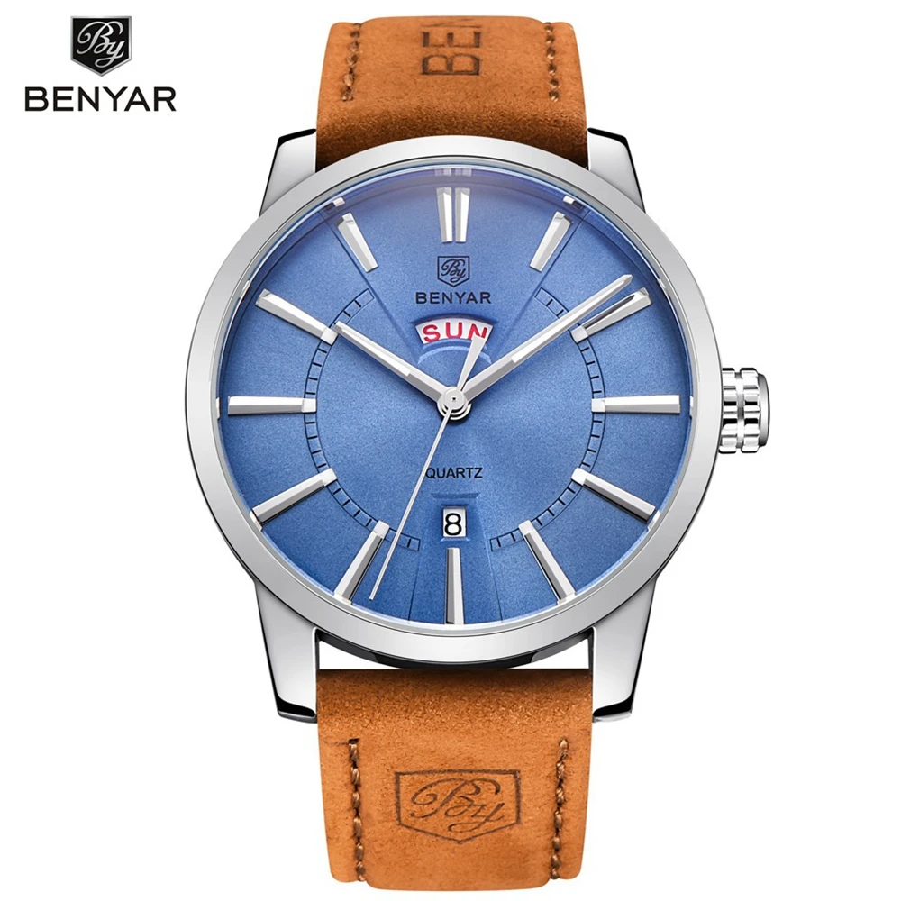 BENYAR Top brand Полный Календарь мужские часы коричневый кожаный кварцевые черный