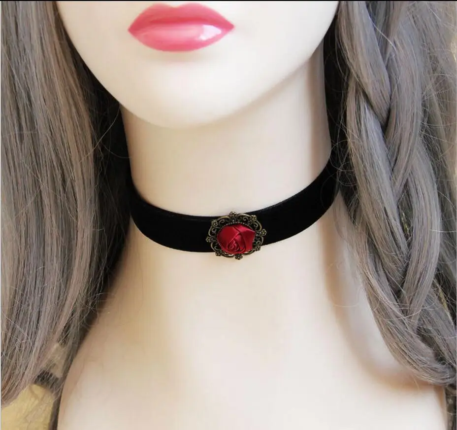 Gothic jewelry black rose necklace & pendant false collar handmade