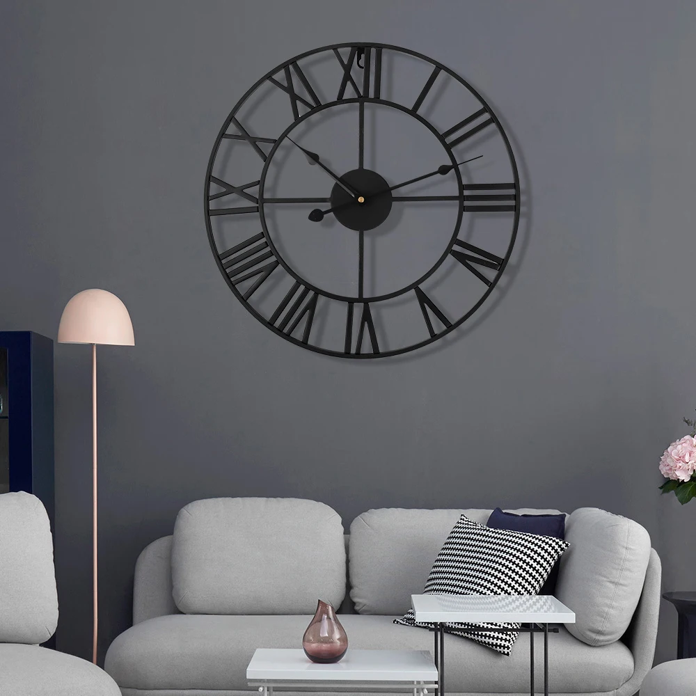 40 см большие наружные садовые настенные часы скандинавские металлические римские цифры настенные часы Ретро железные круглые черные украшения для дома и офиса