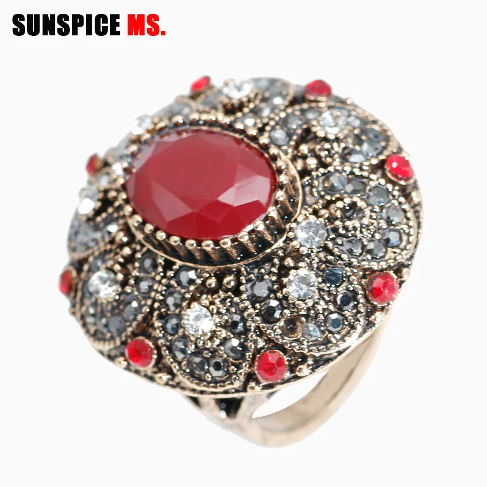 

SUNSPICE MS Hot Vintage Wedding Rings For Women Retro Gold Color Mosaic Crystal Natural Stone Fashion Turkey Jewelry Love Gift