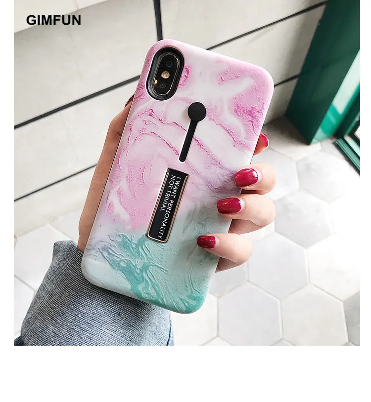 

Gimfun Pink Blue Painted Marble Phone Case for Iphone 7 7plus 6 6s 8 Plus X Fashion Holder Stand Tpu Case Back Cover Coque