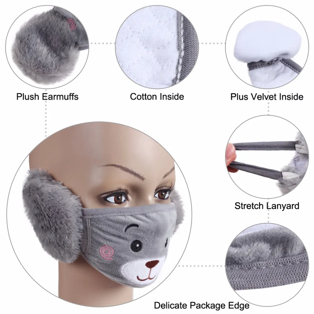 Winter Plush Mouth-Masks For Children Earloop Face-Mouth Mask Warm And Dustproof Gray Cartoon Bear Pattern (3)