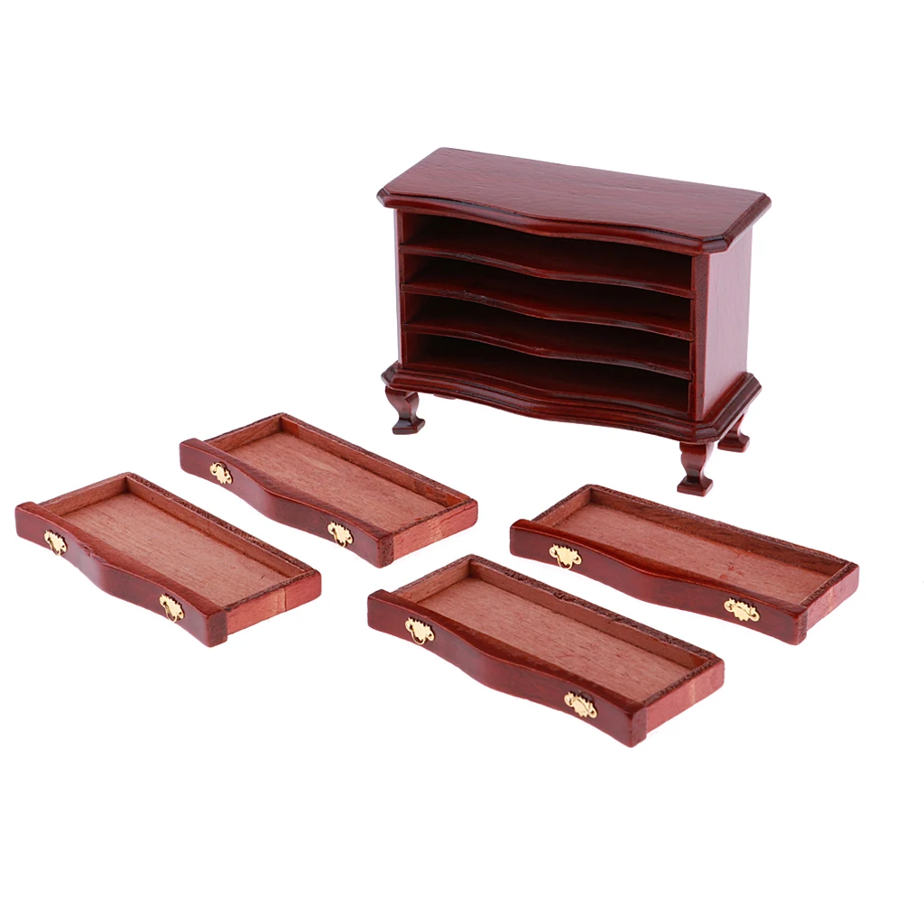 1/12 Dollhouse Miniature Living Room Wooden Annatto Color 4-Drawer Cabinet Furniture Model for Dollhouse Living Room Accessories