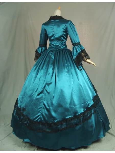 Синие Бальные платья в викторианском стиле с черным кружевом