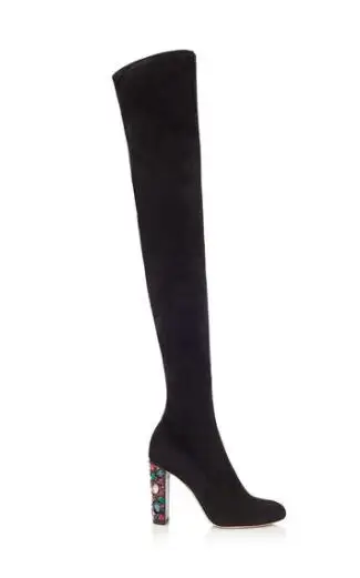 black long boots Новые брендовые модные дизайнерские Стрейчевые замшевые сапоги Разноцветный Кристалл Украшенные высокие каблуки короткие/длинные Ботиночки женские офисные туфли из органической кожи - Цвет: black long boots