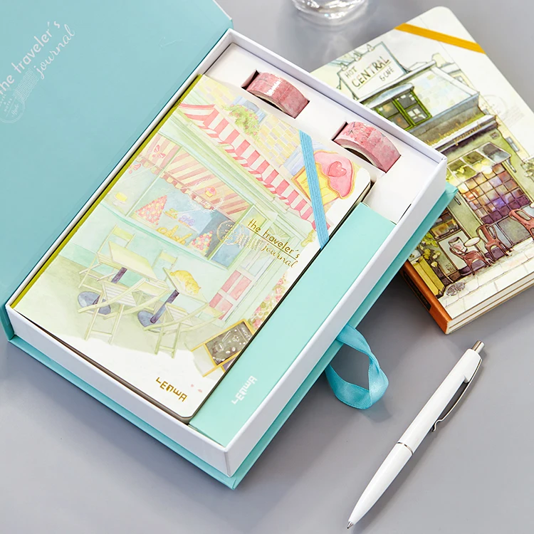

Travel Theme Planners Journal Gift Set with 6 In 1 Colored Pen Washi Tape and Gift Box Creative Hobo Notebook for Travelers