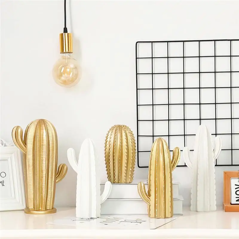 

Nordic Modern Home Decor Golden White Cactus Display Ornaments Figurines Statue Creative Wine Cabinet Window Display Props A3